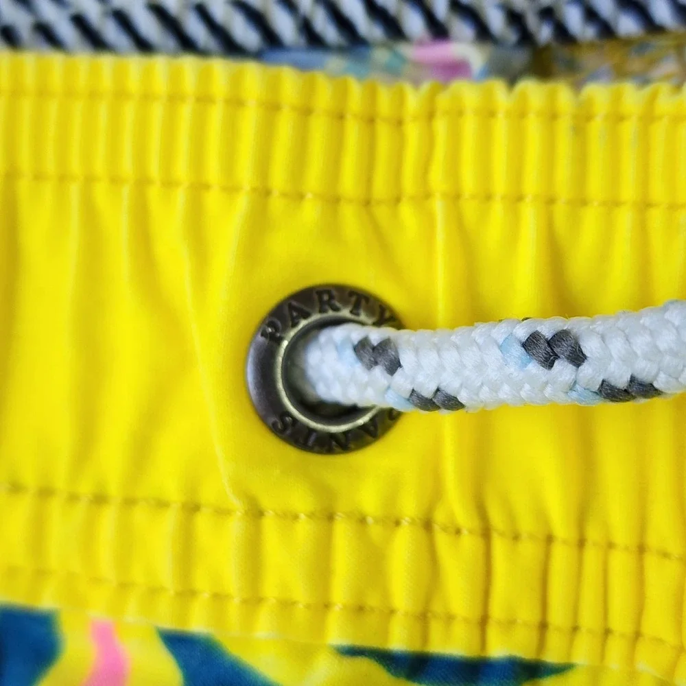 Party Pants Swim Trunks Mens Large Yellow Tropical‎ Palm Print Excellent